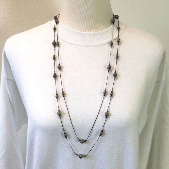 Beaded Necklace 34 inch Double Layer Triangle Chain Dark Gray Silver Tone - Picture 2 of 11